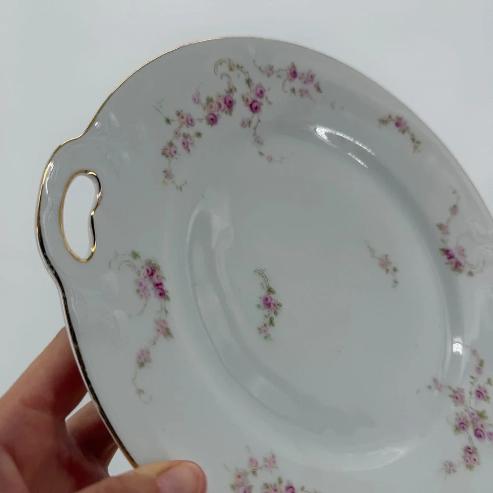Thomas Bavaria Vintage Porcelain Cake Plate Pink Roses Gold Trim Handled 10in